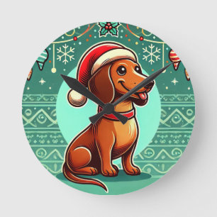Festive Dachshund Wearing Santa Hat Round Clock