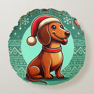 Festive Dachshund Wearing Santa Hat Round Cushion