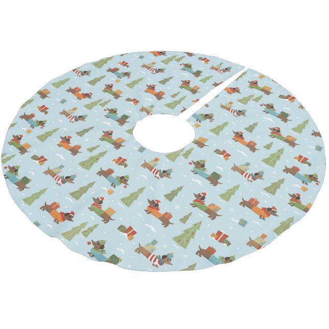 Festive Dachshunds in the Snow Pattern Brushed Polyester Tree Skirt (Angled)