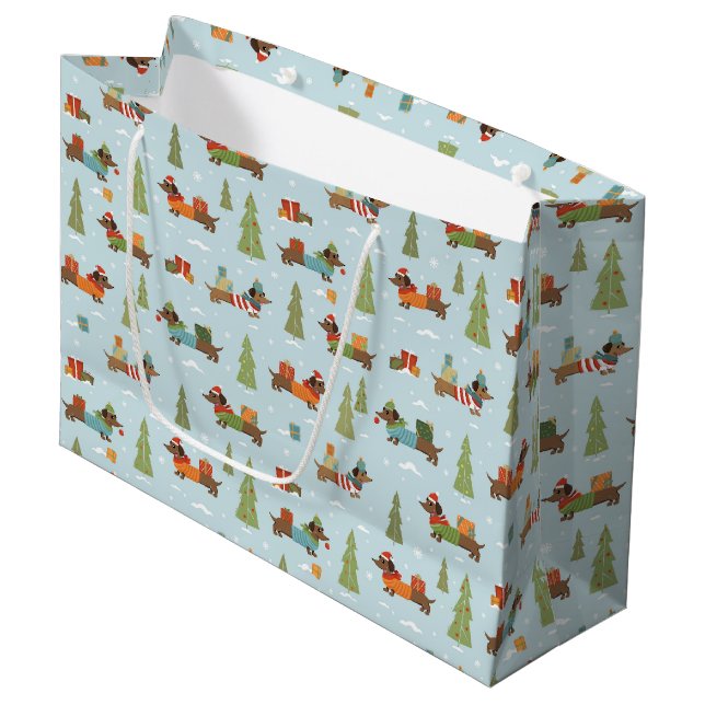 Festive Dachshunds in the Snow Pattern Large Gift Bag (Front Angled)