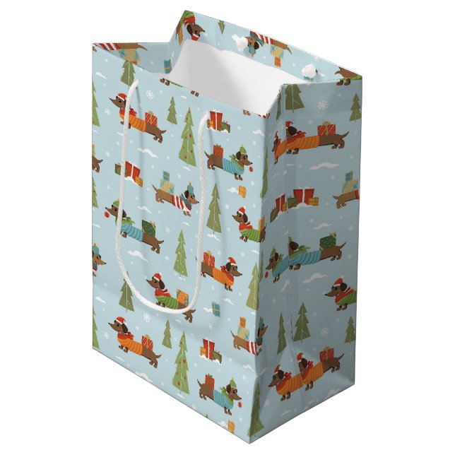 Festive Dachshunds in the Snow Pattern Medium Gift Bag (Front Angled)