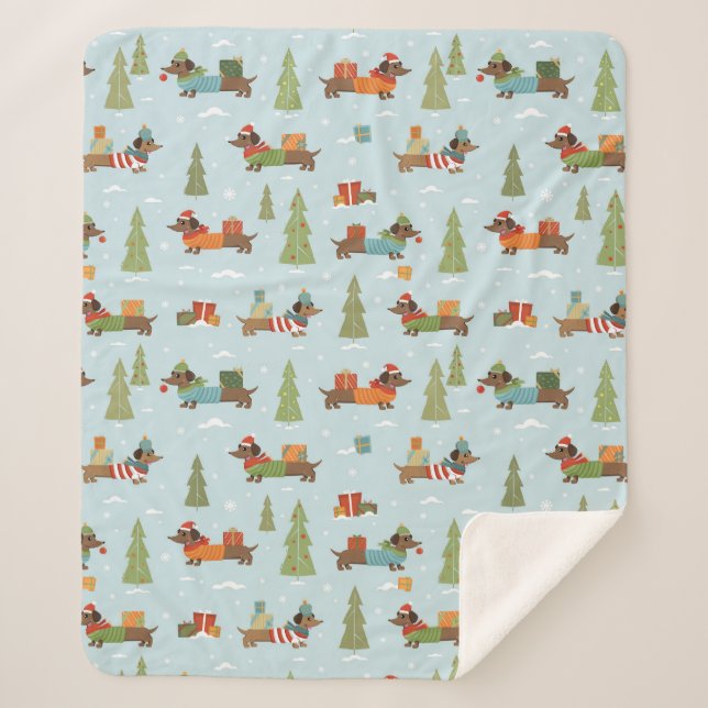 Festive Dachshunds in the Snow Pattern Sherpa Blanket (Front)