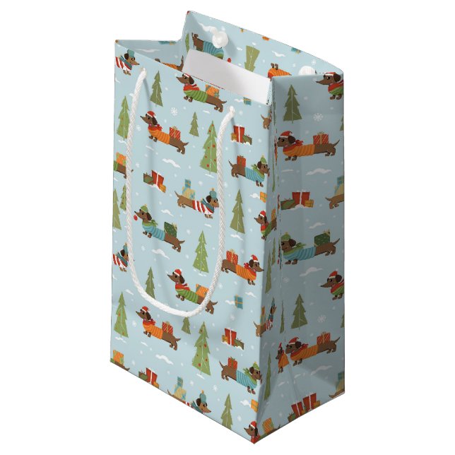 Festive Dachshunds in the Snow Pattern Small Gift Bag (Front Angled)