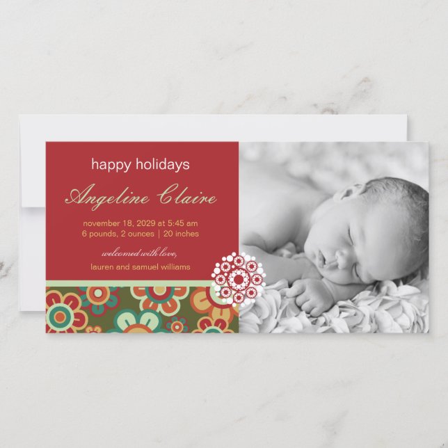 Festive Daisy Holiday Photo Birth Announcement (Front)