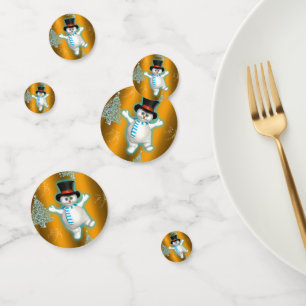Festive Dancing Snowman on Gold Christmas Confetti