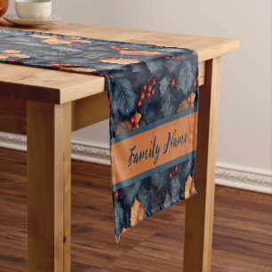 Festive Dark Blue Leaf and Berry Pattern Short Table Runner