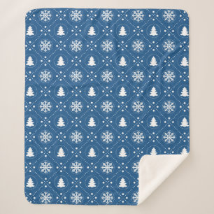Festive Dark Blue White Christmas Pattern Sherpa Blanket