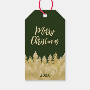 Festive Dark Green Gold Pine Trees Merry Christmas Gift Tags