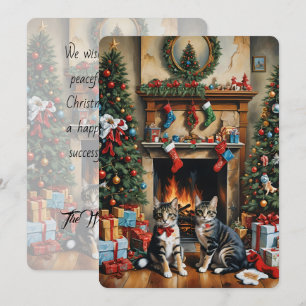 Festive decorated room, fireplace, cats, vintage