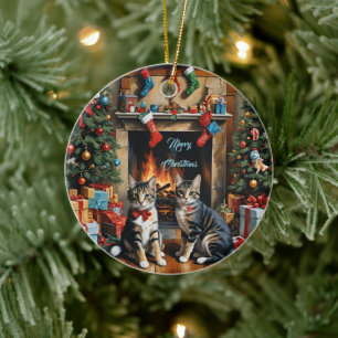 Festive decorated room, fireplace, cats, vintage ceramic tree decoration