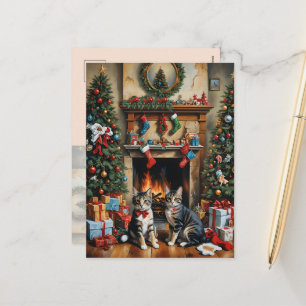 Festive decorated room, fireplace, cats, vintage holiday postcard