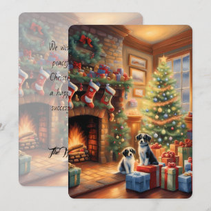 Festive decorated room, fireplace, dogs, vintage 