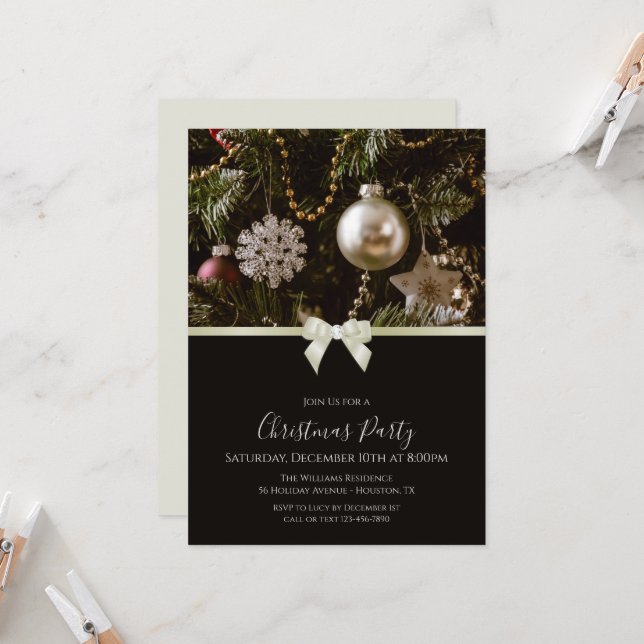 Festive Decorations, Ribbon & Jewel Bow Christmas Invitation (Front/Back In Situ)