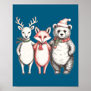 Festive Deer, Fox, Bear Retro Cottagecore Vintage  Poster