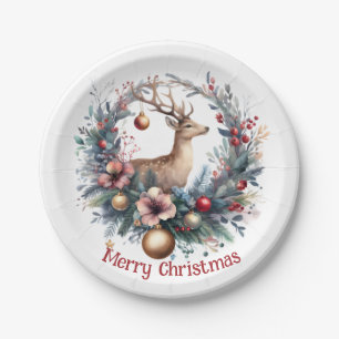 Festive Deer in a Holiday Wreath 1 - Paper Plate