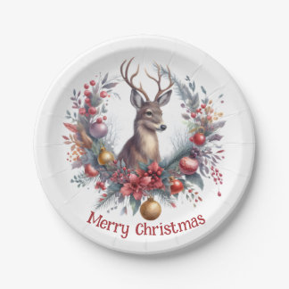 Festive Deer in a Holiday Wreath 2 -  Paper Plate