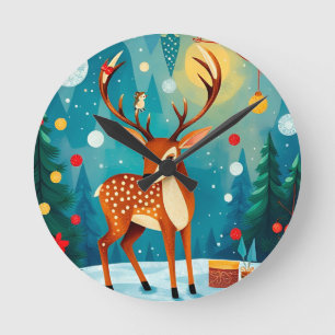 Festive Deer in a Snowy Forest Round Clock