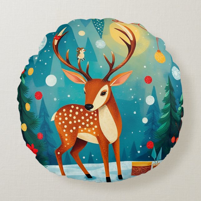 Festive Deer in a Snowy Forest Round Cushion (Front)