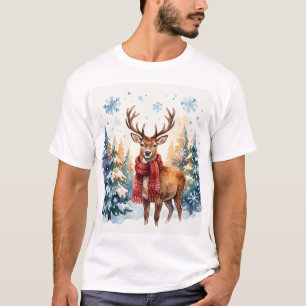 Festive Deer in Snowy Forest T-Shirt