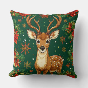 Festive Deer Painting with Christmas Elements Cushion