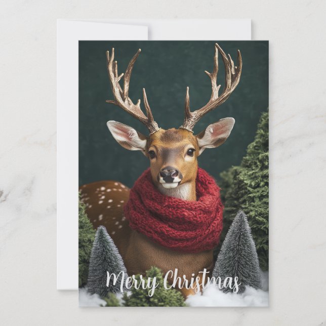 Festive Deer with Red Scarf Christmas Art Holiday Card (Front)