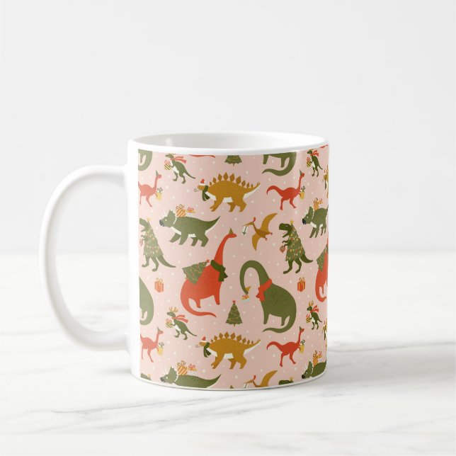 Festive Dinosaur Christmas Tree Holiday Pattern Coffee Mug (Left)