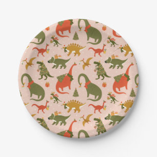 Festive Dinosaur Christmas Tree Holiday Pattern Paper Plate