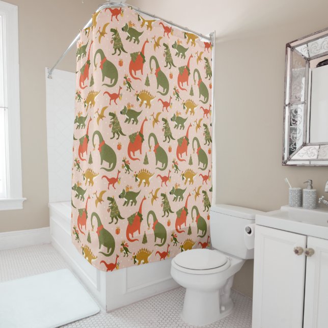 Festive Dinosaur Christmas Tree Holiday Pattern Shower Curtain (In Situ)