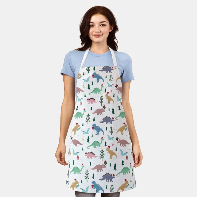 Festive Dinosaurs Christmas Pattern Apron (Worn)