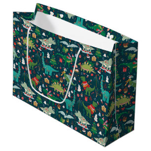Festive Dinosaurs Christmas Pattern Large Gift Bag