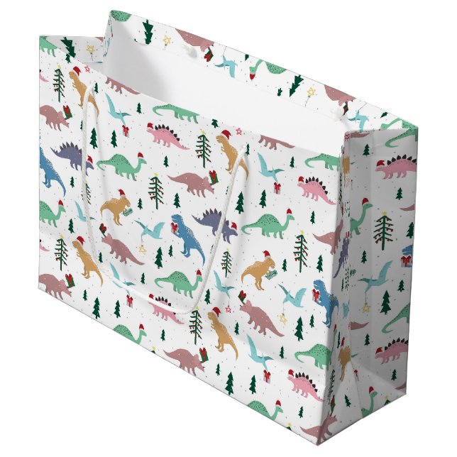Festive Dinosaurs Christmas Pattern Large Gift Bag (Front Angled)