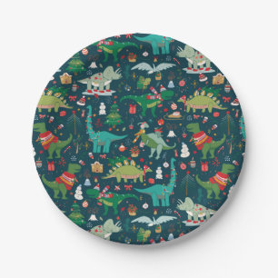 Festive Dinosaurs Christmas Pattern Paper Plate