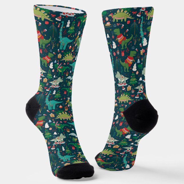 Festive Dinosaurs Christmas Pattern Socks (Angled)