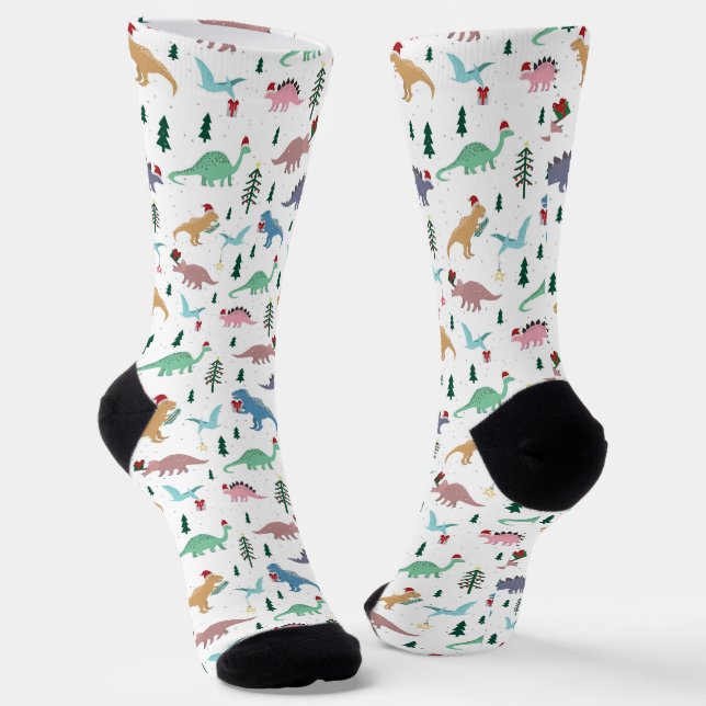 Festive Dinosaurs Christmas Pattern Socks (Angled)