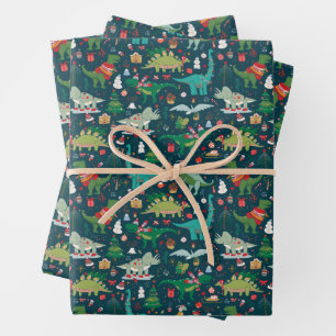 Festive Dinosaurs Christmas Pattern Wrapping Paper Sheet