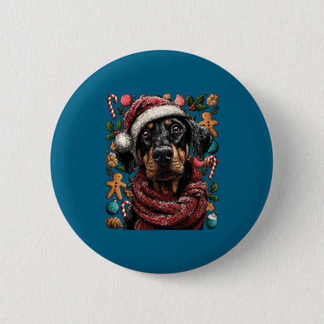 Festive Doberman With Santa Hat Snowy Winter Chris 6 Cm Round Badge (Front)