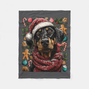 Festive Doberman With Santa Hat Snowy Winter Chris Fleece Blanket