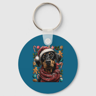 Festive Doberman With Santa Hat Snowy Winter Chris Key Ring