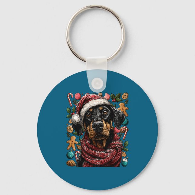 Festive Doberman With Santa Hat Snowy Winter Chris Key Ring (Front)