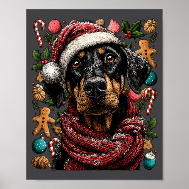 Festive Doberman With Santa Hat Snowy Winter Chris Poster (Front)