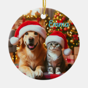 Festive Dog and Cat Christmas Ceramic Tree Decoration