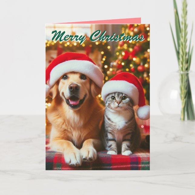 Festive Dog and Cat Christmas Holiday Card (Front)