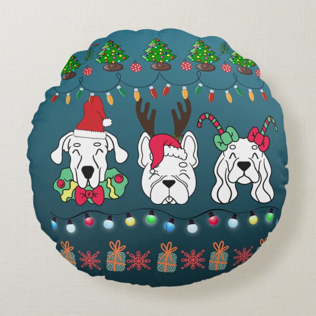 Festive Dog Christmas Pattern-cute holiday dogs Round Cushion (Front)
