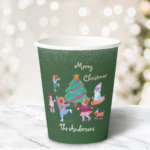 Festive Dog Ice Skating Name Green Christmas Party Paper Cups