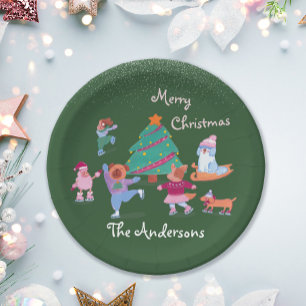 Festive Dog Ice Skating Name Green Christmas Party Paper Plate