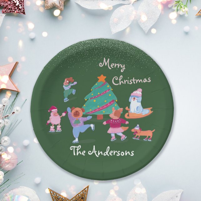 Festive Dog Ice Skating Name Green Christmas Party Paper Plate (Creator Uploaded)