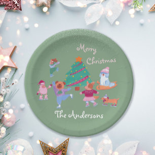 Festive Dog Ice Skating Name Pistachio Green Xmas Paper Plate