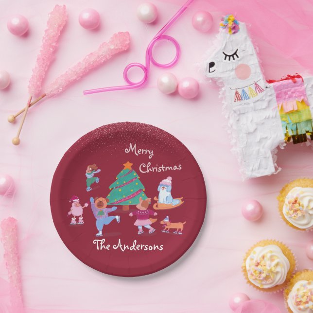 Festive Dog Ice Skating Name Red Christmas Dinner Paper Plate (Party)