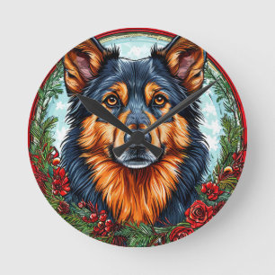 Festive Dog in a Christmas Floral Wreath Round Clock