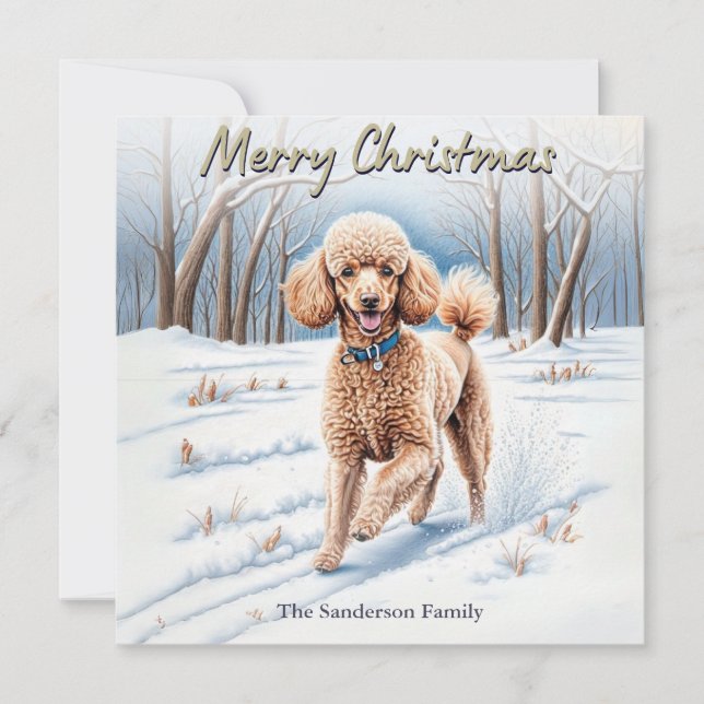 Festive Dog In Snow Watercolor Poodle Christmas Holiday Card (Front)
